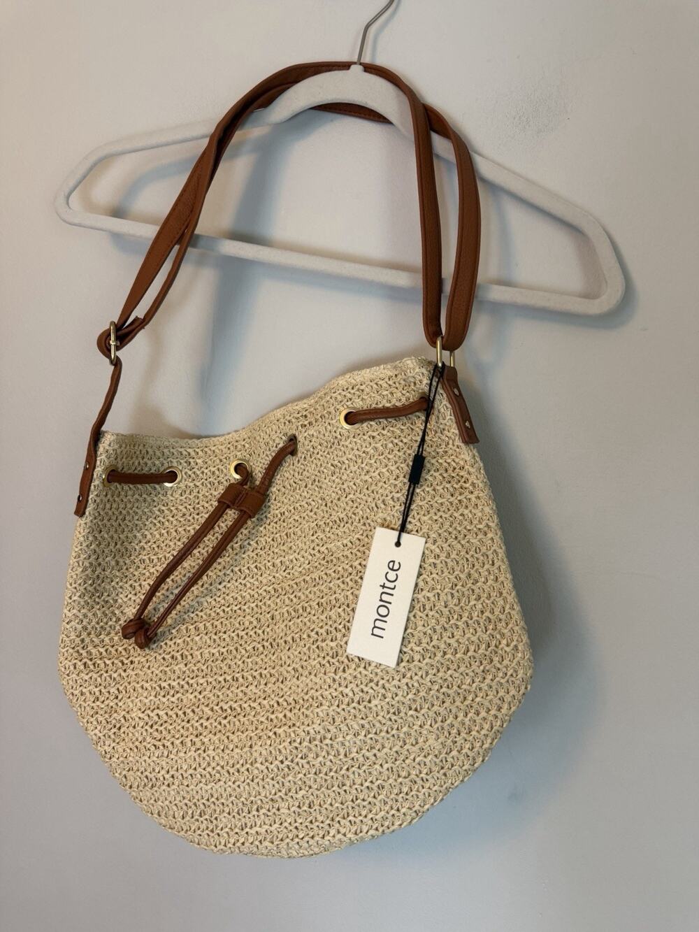 Montce Bucket Bag Beach Tote New With Tags/ Cream Straw With Drawstring Handbag